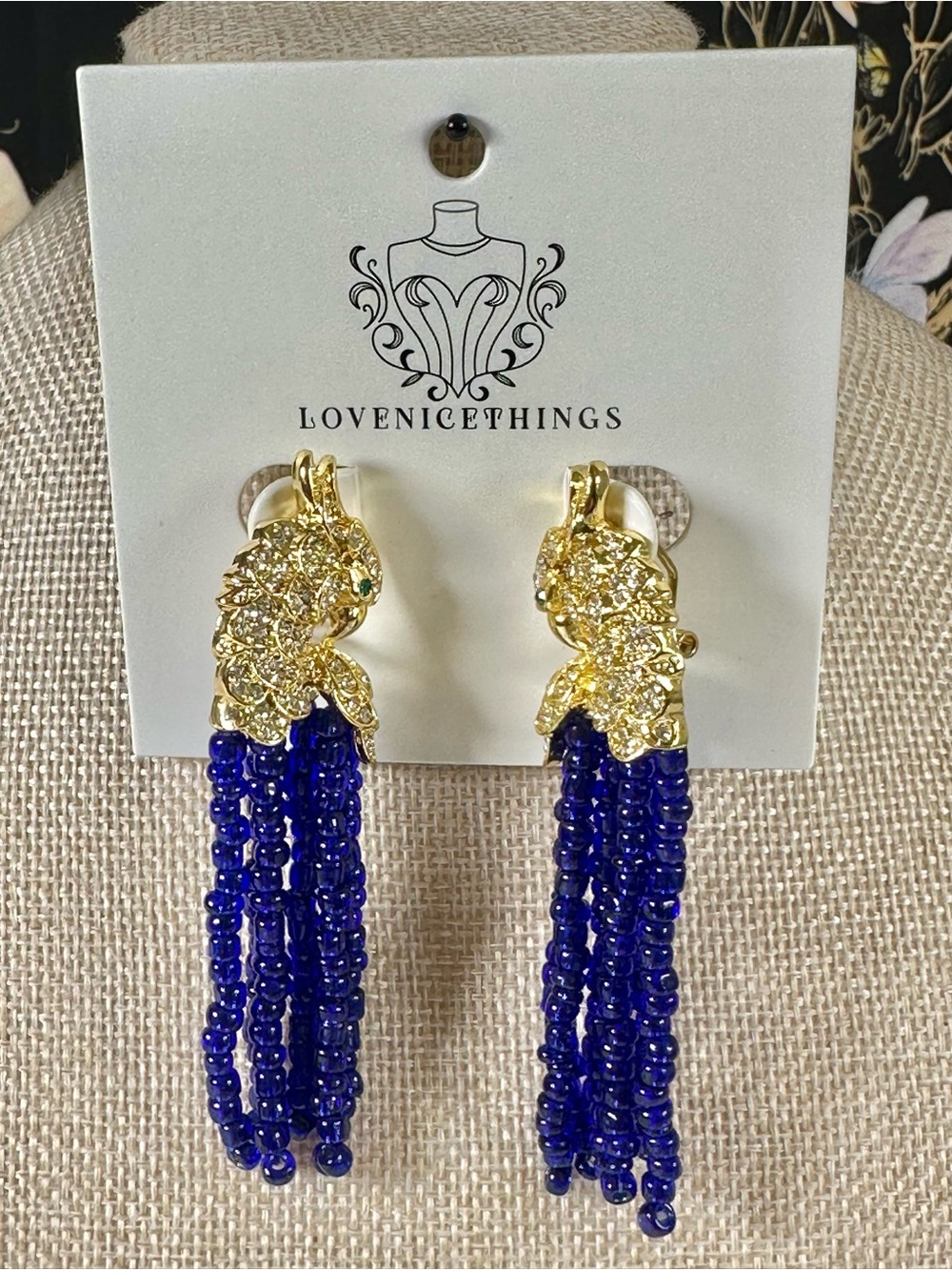 3” Luxury Vintage GP, CZ Gold Parrot w/ Blue Glass Beaded Tassel Earrings